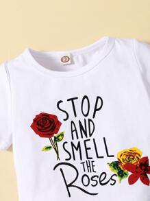 Baby Girl Slogan Graphic Tee With Appliques Ripped Raw Hem Denim Skirt - Blue and White - View 3