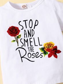 Baby Girl Slogan Graphic Tee With Appliques Ripped Raw Hem Denim Skirt - Blue and White - View 4