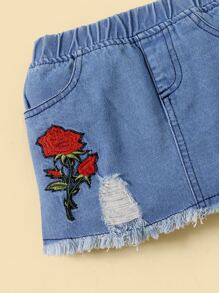 Baby Girl Slogan Graphic Tee With Appliques Ripped Raw Hem Denim Skirt - Blue and White - View 6