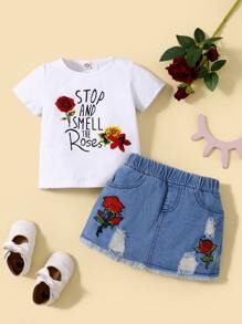 Baby Girl Slogan Graphic Tee With Appliques Ripped Raw Hem Denim Skirt - Blue and White - View 7