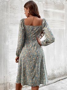 SHEIN LUNE Ditsy Floral Knot Front Split Hem Dress - Multicolor - View 2