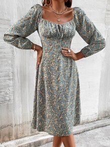 SHEIN LUNE Ditsy Floral Knot Front Split Hem Dress - Multicolor - View 5