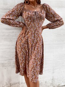 SHEIN VCAY Ditsy Floral Knot Front Split Hem Dress - Multicolor - View 1