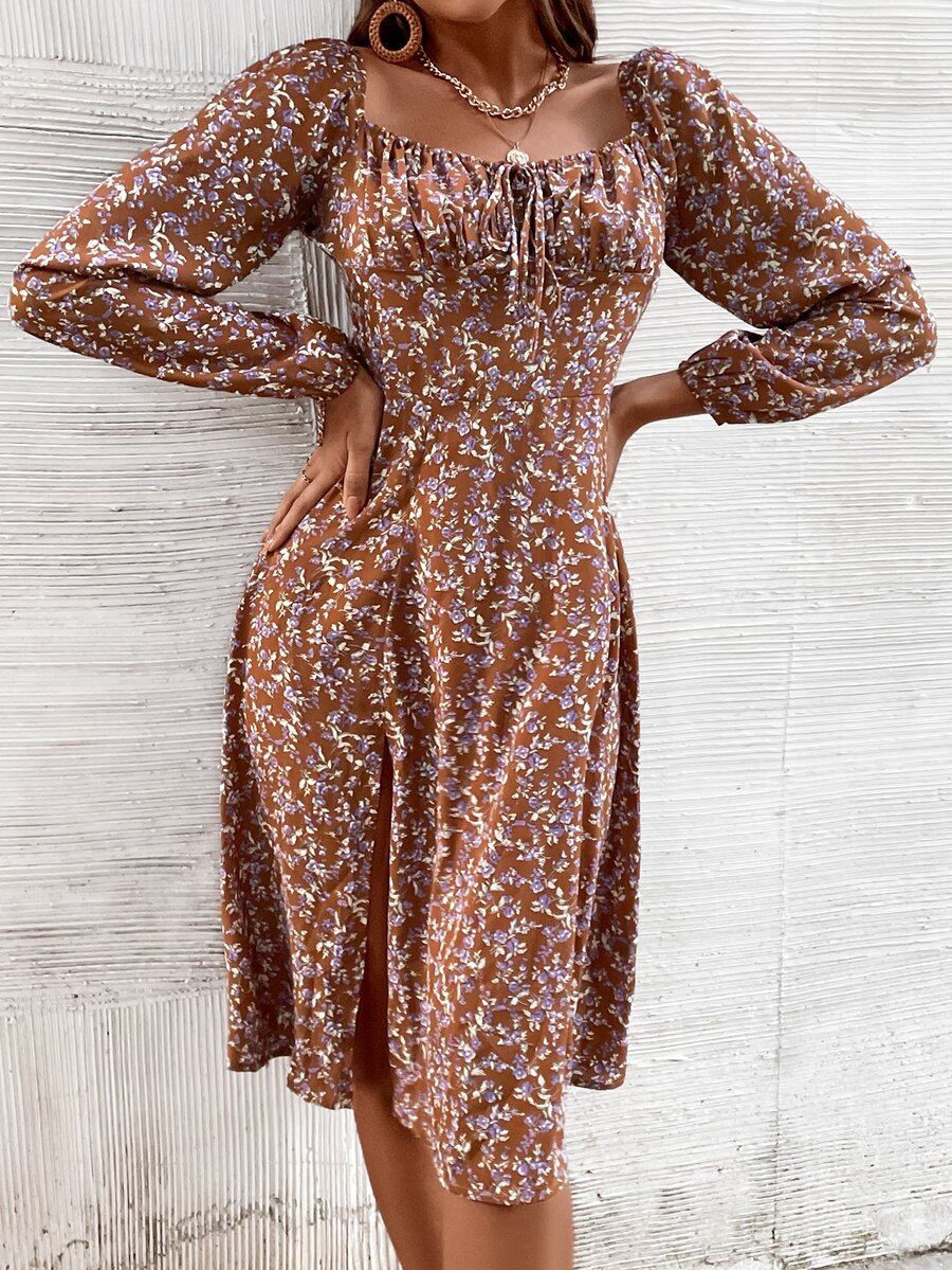 SHEIN VCAY Ditsy Floral Knot Front Split Hem Dress - Multicolor - View 1