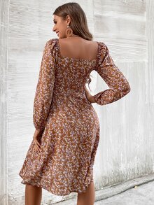 SHEIN VCAY Ditsy Floral Knot Front Split Hem Dress - Multicolor - View 2