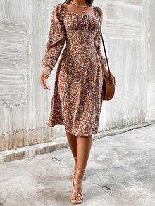 SHEIN VCAY Ditsy Floral Knot Front Split Hem Dress - Multicolor - View 3