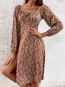 SHEIN VCAY Ditsy Floral Knot Front Split Hem Dress - Multicolor - View 4