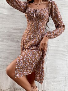 SHEIN VCAY Ditsy Floral Knot Front Split Hem Dress - Multicolor - View 6