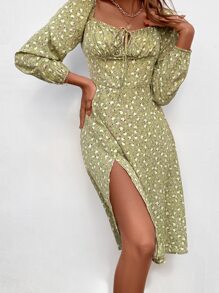 SHEIN VCAY Ditsy Floral Knot Front Split Hem Dress - Multicolor - View 4