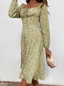 SHEIN VCAY Ditsy Floral Knot Front Split Hem Dress - Multicolor - View 6