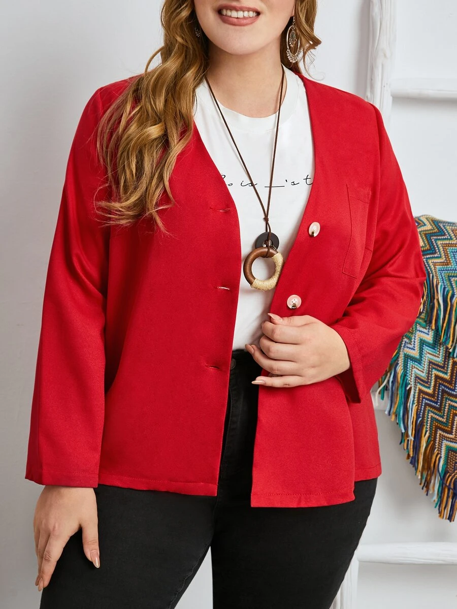 Mulvari Áo sơ mi Plus Size Túi Nút phía trước màu trơn Giải trí - Đỏ - Xem 1