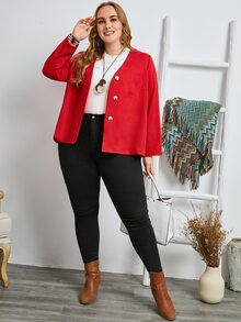 Mulvari Áo sơ mi Plus Size Túi Nút phía trước màu trơn Giải trí - Đỏ - Xem 5