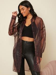 SHEIN 薄透豹紋印花歐根紗不附帶吊帶內搭長款襯衫 - 彩色 - 查看 1