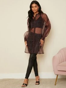 SHEIN 薄透豹紋印花歐根紗不附帶吊帶內搭長款襯衫 - 彩色 - 查看 3