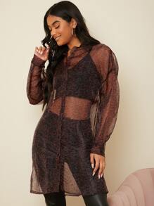 SHEIN 薄透豹紋印花歐根紗不附帶吊帶內搭長款襯衫 - 彩色 - 查看 4