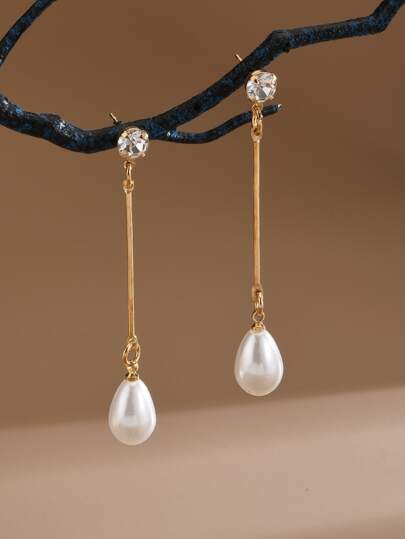 Brincos Com Queda De Pérola Falsa E Decoração De Pedras De Strass