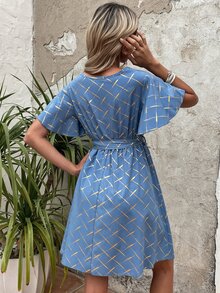 SHEIN Unity Gold Argyle Print Butterfly Sleeve Belted Dress - Blue - View 2
