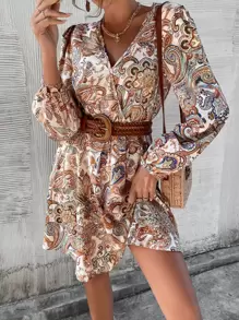 Paisley Print Surplice Neck Dress Without Belt - Multicolor - View 1