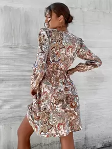 Paisley Print Surplice Neck Dress Without Belt - Multicolor - View 2