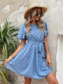 SHEIN Unity Gold Argyle Print Butterfly Sleeve Belted Dress - Blue - View 3