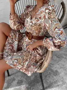 Paisley Print Surplice Neck Dress Without Belt - Multicolor - View 3