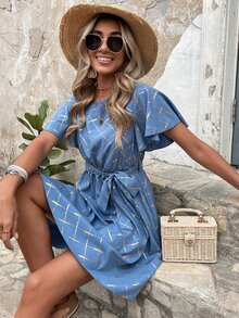 SHEIN Unity Gold Argyle Print Butterfly Sleeve Belted Dress - Blue - View 4