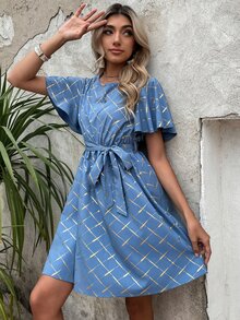 SHEIN Unity Gold Argyle Print Butterfly Sleeve Belted Dress - Blue - View 5