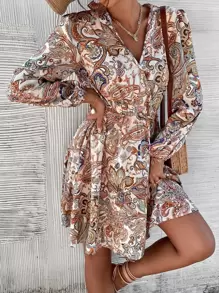 Paisley Print Surplice Neck Dress Without Belt - Multicolor - View 4