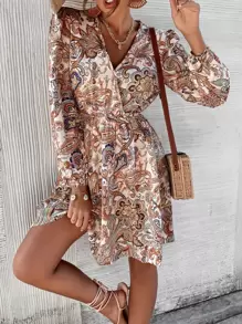 Paisley Print Surplice Neck Dress Without Belt - Multicolor - View 5