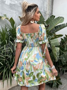 植物印花打褶泡泡袖連衣裙 - 彩色 - 查看 2