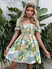 植物印花打褶泡泡袖連衣裙 - 彩色 - 查看 7