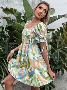 植物印花打褶泡泡袖連衣裙 - 彩色 - 查看 8