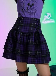 ROMWE Kawaii Sagittarius Plaid Lace Up Skirt - Purple - View 1