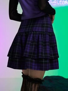 ROMWE Kawaii Sagittarius Plaid Lace Up Skirt - Purple - View 2