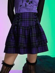 ROMWE Kawaii Sagittarius Plaid Lace Up Skirt - Purple - View 3