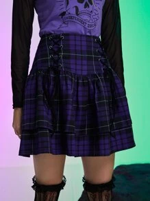 ROMWE Kawaii Sagittarius Plaid Lace Up Skirt - Purple - View 4