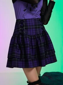 ROMWE Kawaii Sagittarius Plaid Lace Up Skirt - Purple - View 5