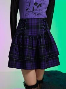 ROMWE Kawaii Sagittarius Plaid Lace Up Skirt - Purple - View 6