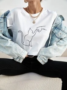 SHEIN Unity Camiseta gato con con estampado de figura - Blanco - Ver 1