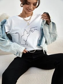 SHEIN Unity Camiseta gato con con estampado de figura - Blanco - Ver 3