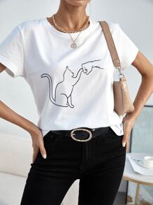SHEIN Unity Camiseta gato con con estampado de figura - Blanco - Ver 4