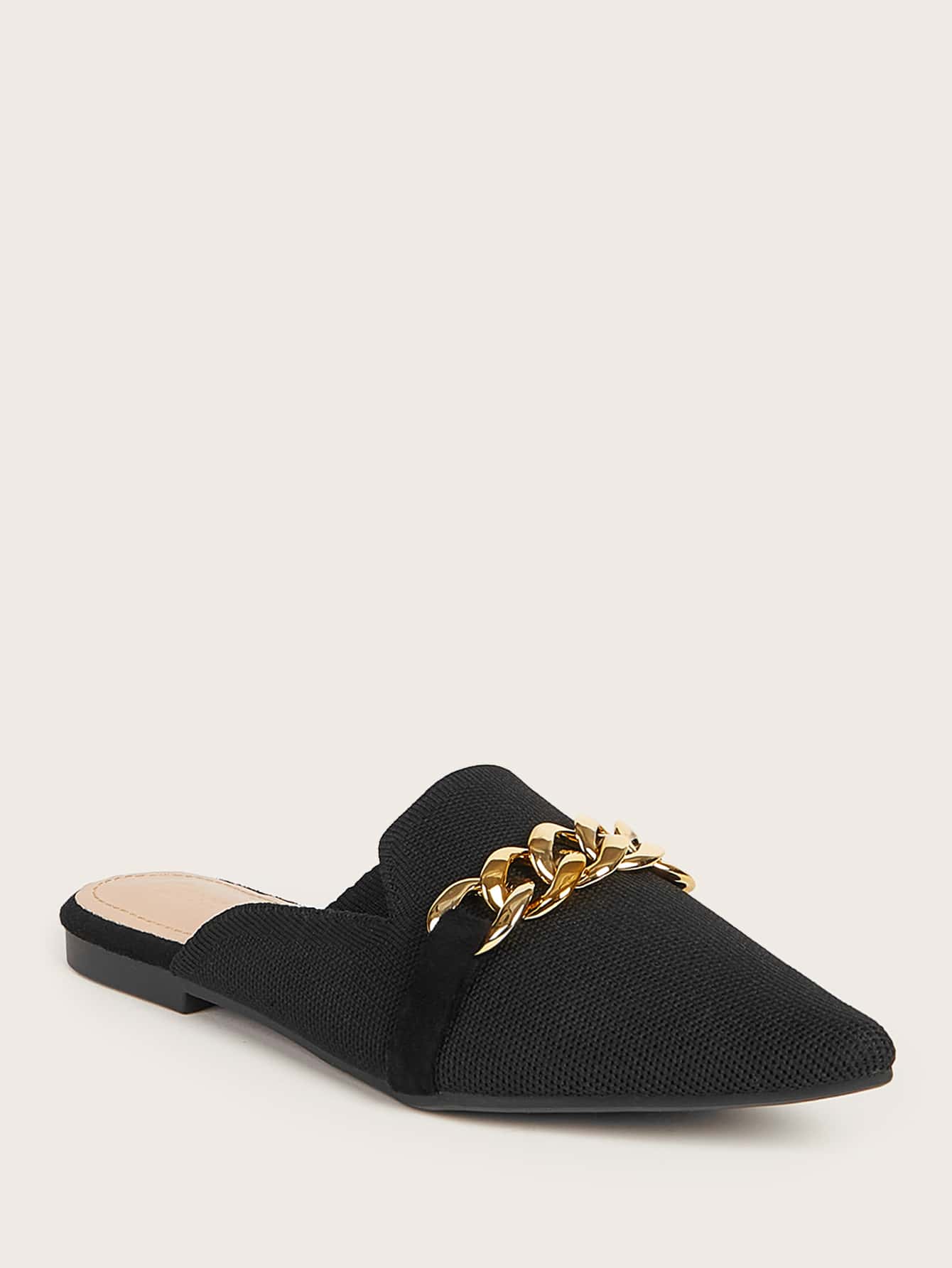 CUCCOO BASICS Woman Shoes Chain Decor Fashion Lightweight Point Toe Black Flat Mules For Spring And Summer Vacation Shoes Summer Elegant Flats Back To School Shoes College Student Shoes Spring Shoes Spring Break Easter