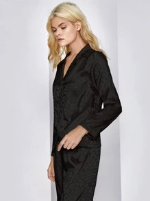 緞面提花前排扣睡衣套裝 - 黑色 - 查看 4