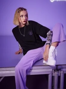 ROMWE Street Life Gemini Cartoon Letter Graphic Tee Without Mesh Top - Black - View 4