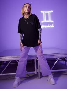 ROMWE Street Life Gemini Cartoon Letter Graphic Tee Without Mesh Top - Black - View 7