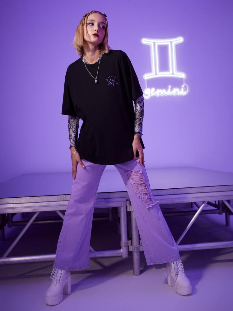 ROMWE Street Life เสื้อยืด Gemini กราฟิกตัวอักษรและการ์ตูน ไม่รวมเสื้อตาข่าย - สีดำ - ดู 7
