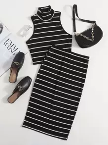 SHEIN Essnce de cuello cisne tejido de canalé de rayas Top tank & Set falda - Negro - Ver 1