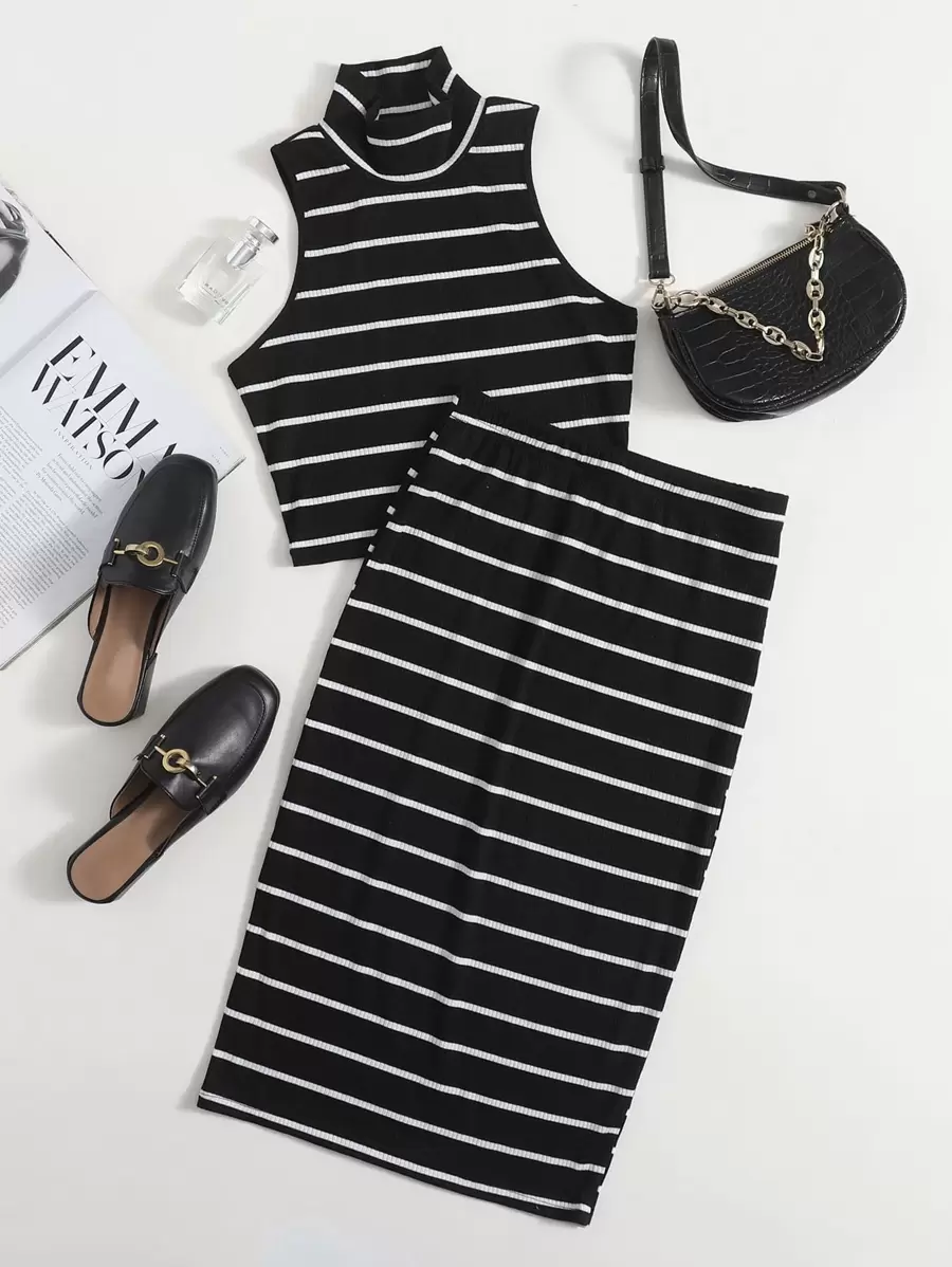 SHEIN Essnce de cuello cisne tejido de canalé de rayas Top tank & Set falda - Negro - Ver 1