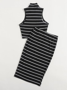 SHEIN Essnce de cuello cisne tejido de canalé de rayas Top tank & Set falda - Negro - Ver 2