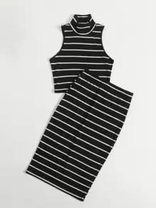 SHEIN Essnce de cuello cisne tejido de canalé de rayas Top tank & Set falda - Negro - Ver 4
